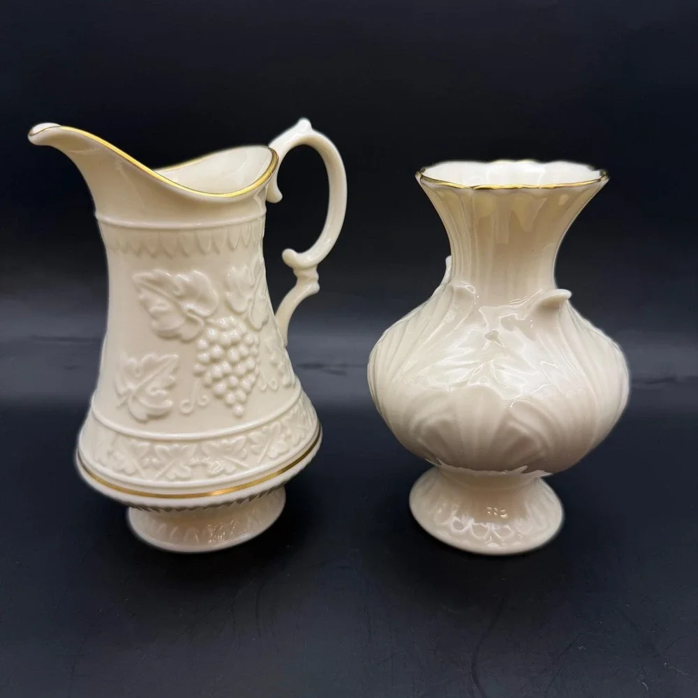 Vtg Lenox 2pc Mixed Lot Ivory Cream 24K Gold Bud Vase Grape Harvest Mini Pitcher